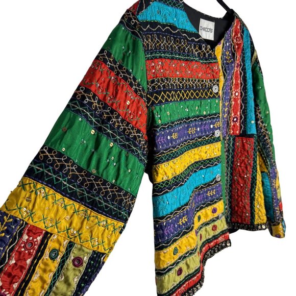 Chicos Multicolor Patchwork Embroidered Jacket 100% Cotton Boho Artsy Sz 3 XL/16 - Picture 5 of 9